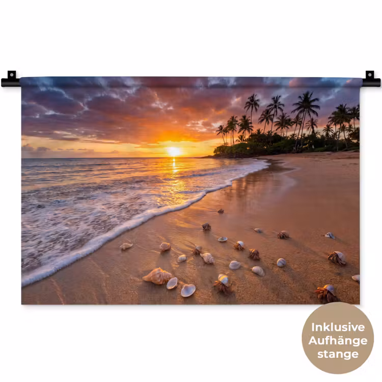 Strand - Zonsondergang - Palmbomen - Natuur - Oranje Wandkleed katoen klein -t3d_DE