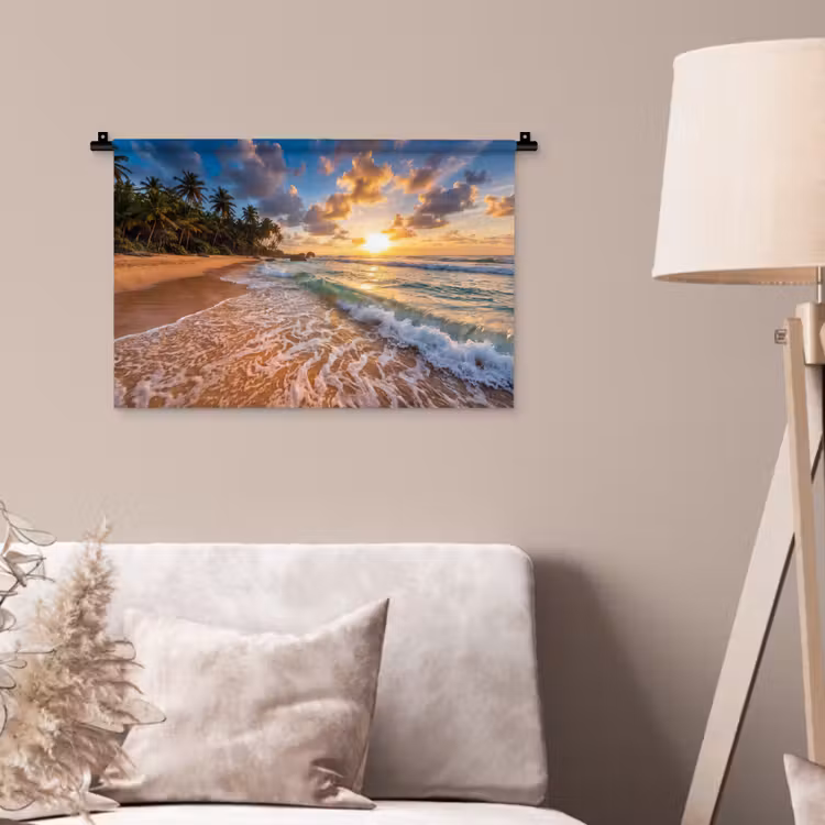 Strand - Zonsondergang - Golven - Natuur - Goud Wandkleed katoen klein -sfeer4