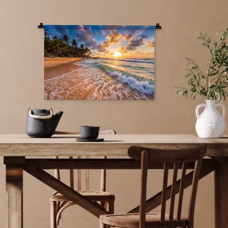 Strand - Zonsondergang - Golven - Natuur - Goud Wandkleed katoen klein -sfeer6