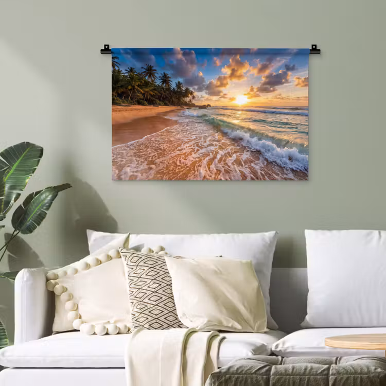 Strand - Zonsondergang - Golven - Natuur - Goud Wandkleed katoen klein -sfeer7