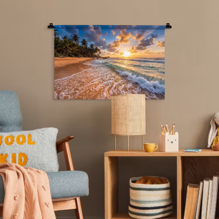 Strand - Zonsondergang - Golven - Natuur - Goud Wandkleed katoen klein -wsfeer4_kind