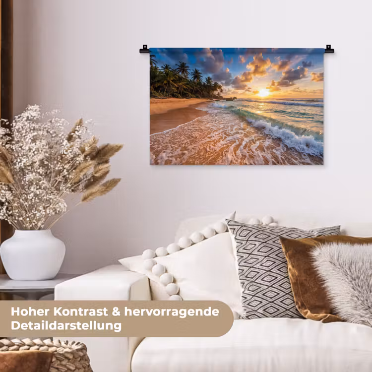 Strand - Zonsondergang - Golven - Natuur - Goud Wandkleed katoen klein -tsfeer1_DE