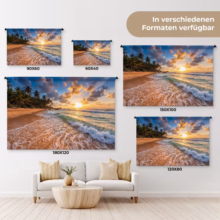 Strand - Zonsondergang - Golven - Natuur - Goud Wandkleed katoen klein -tsfeer8_DE