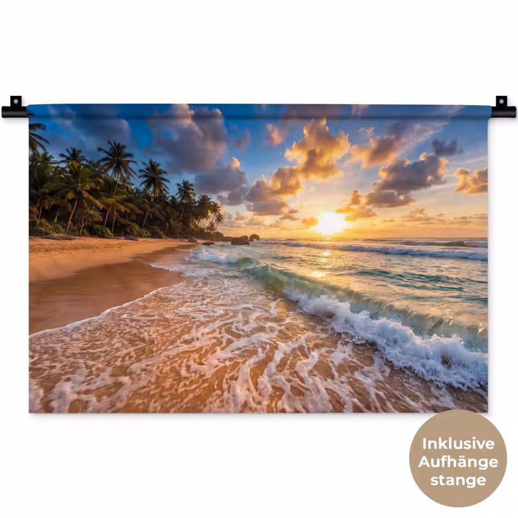 Strand - Zonsondergang - Golven - Natuur - Goud Wandkleed katoen klein -t3d_DE
