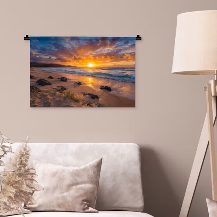 Strand - Zonsondergang - Golven - Natuur - Oranje Wandkleed katoen klein -sfeer4