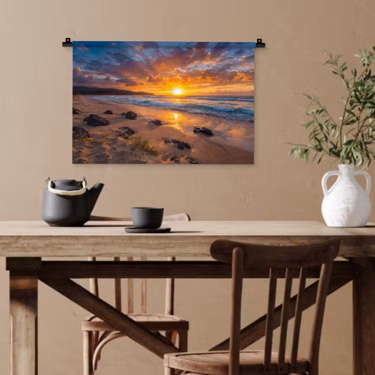Strand - Zonsondergang - Golven - Natuur - Oranje Wandkleed katoen klein -sfeer6