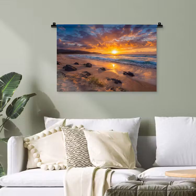 Strand - Zonsondergang - Golven - Natuur - Oranje Wandkleed katoen klein -sfeer7