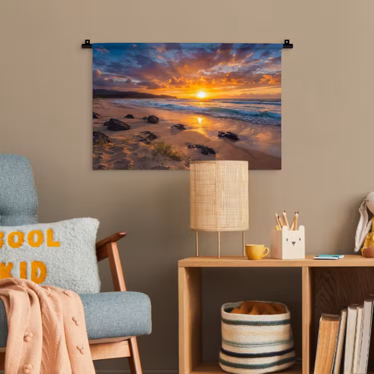 Strand - Zonsondergang - Golven - Natuur - Oranje Wandkleed katoen klein -wsfeer4_kind