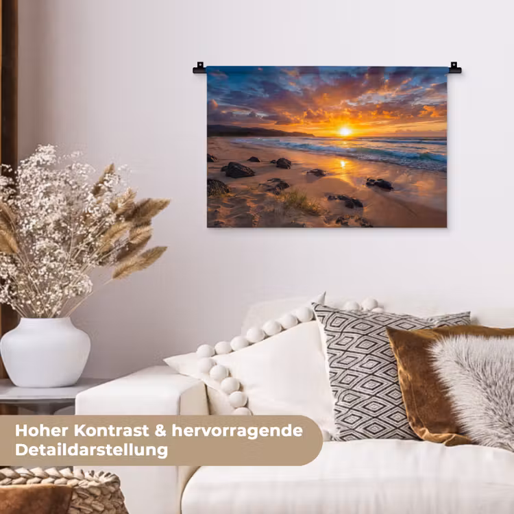 Strand - Zonsondergang - Golven - Natuur - Oranje Wandkleed katoen klein -tsfeer1_DE