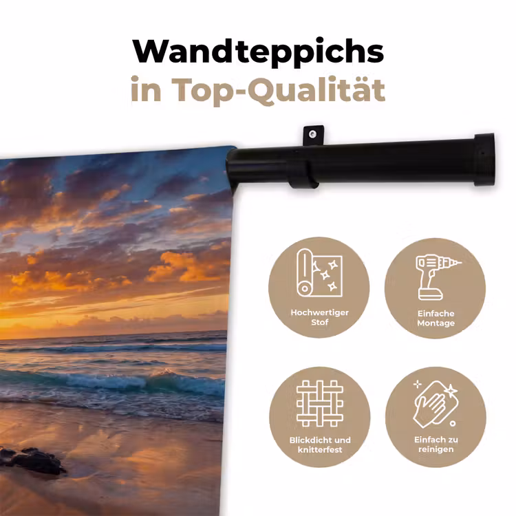 Strand - Zonsondergang - Golven - Natuur - Oranje Wandkleed katoen klein -tsfeer2_DE
