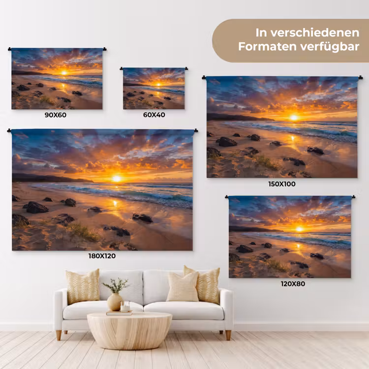 Strand - Zonsondergang - Golven - Natuur - Oranje Wandkleed katoen klein -tsfeer8_DE