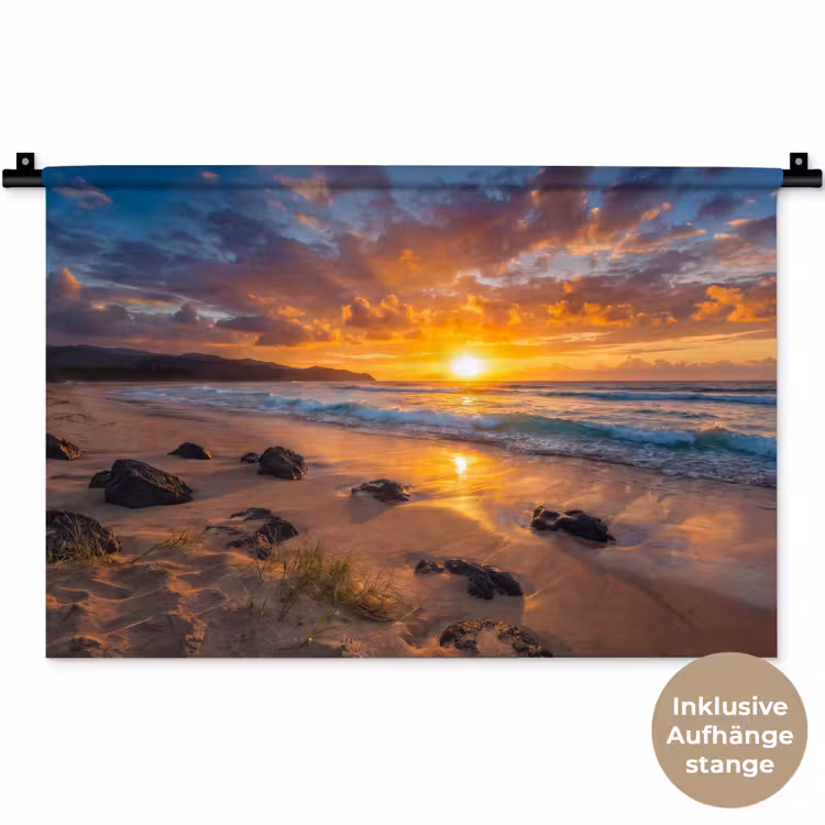 Strand - Zonsondergang - Golven - Natuur - Oranje Wandkleed katoen klein -t3d_DE