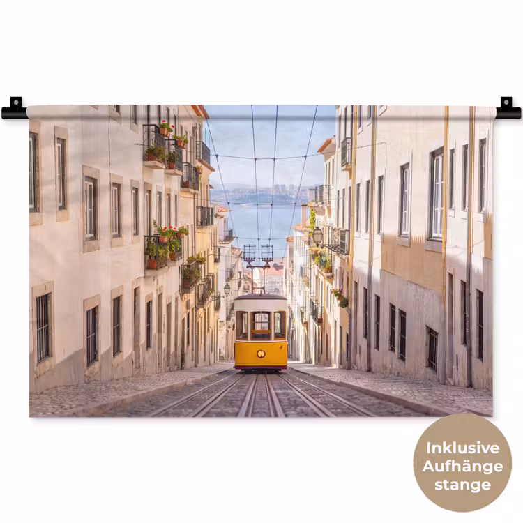 Tram - Straat - Stad - Architectuur - Geel Wandkleed katoen klein -t3d_DE
