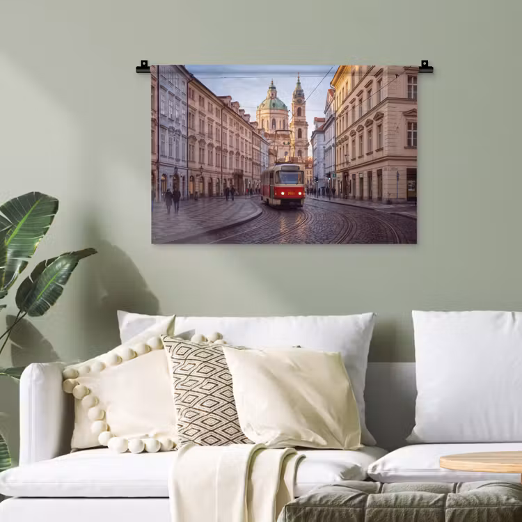 Tram - Straat - Stadsgezicht - Klassiek - Rood Wandkleed katoen klein -sfeer7