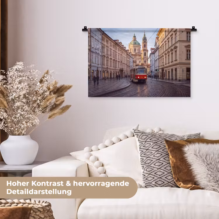 Tram - Straat - Stadsgezicht - Klassiek - Rood Wandkleed katoen klein -tsfeer1_DE