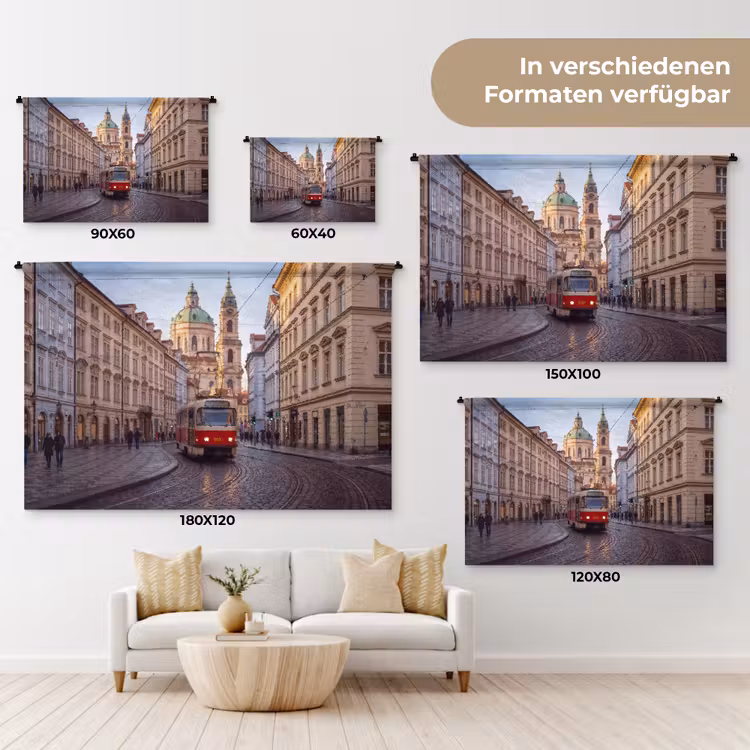 Tram - Straat - Stadsgezicht - Klassiek - Rood Wandkleed katoen klein -tsfeer8_DE