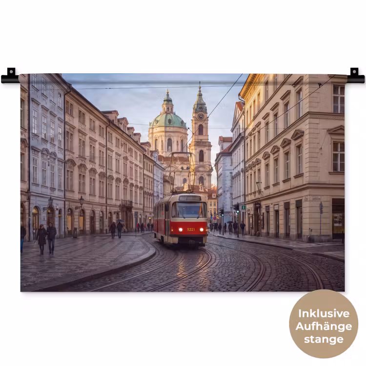 Tram - Straat - Stadsgezicht - Klassiek - Rood Wandkleed katoen klein -t3d_DE