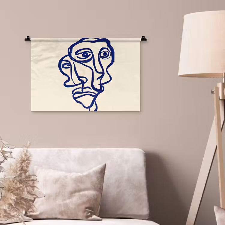 Lijntekening - Overlappende gezichten - Donkerblauw Wandkleed katoen klein -sfeer4