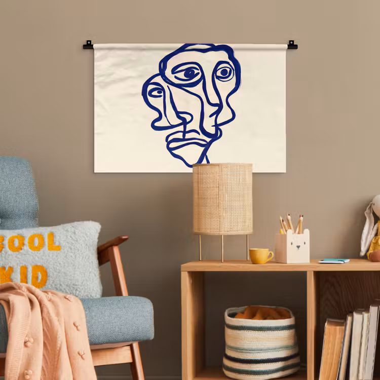 Lijntekening - Overlappende gezichten - Donkerblauw Wandkleed katoen klein -wsfeer4_kind
