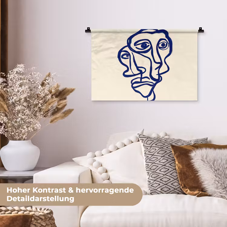 Lijntekening - Overlappende gezichten - Donkerblauw Wandkleed katoen klein -tsfeer1_DE