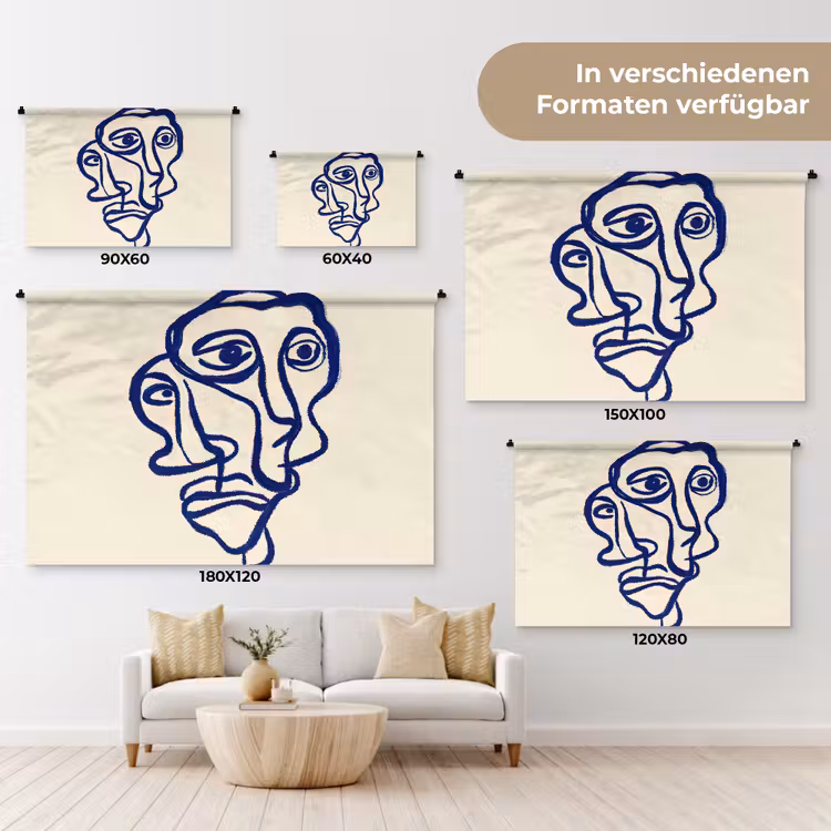 Lijntekening - Overlappende gezichten - Donkerblauw Wandkleed katoen klein -tsfeer8_DE