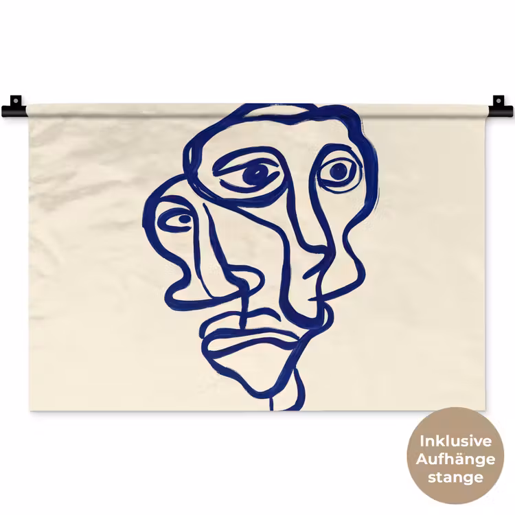 Lijntekening - Overlappende gezichten - Donkerblauw Wandkleed katoen klein -t3d_DE