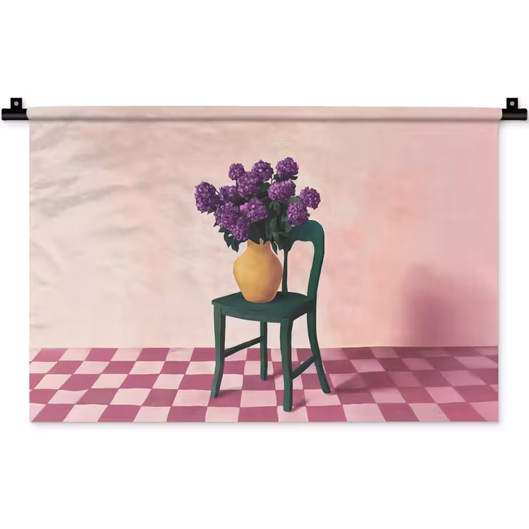 Stoel - Vaas - Bloemen - Geblokt Wandkleed katoen klein -zz3d