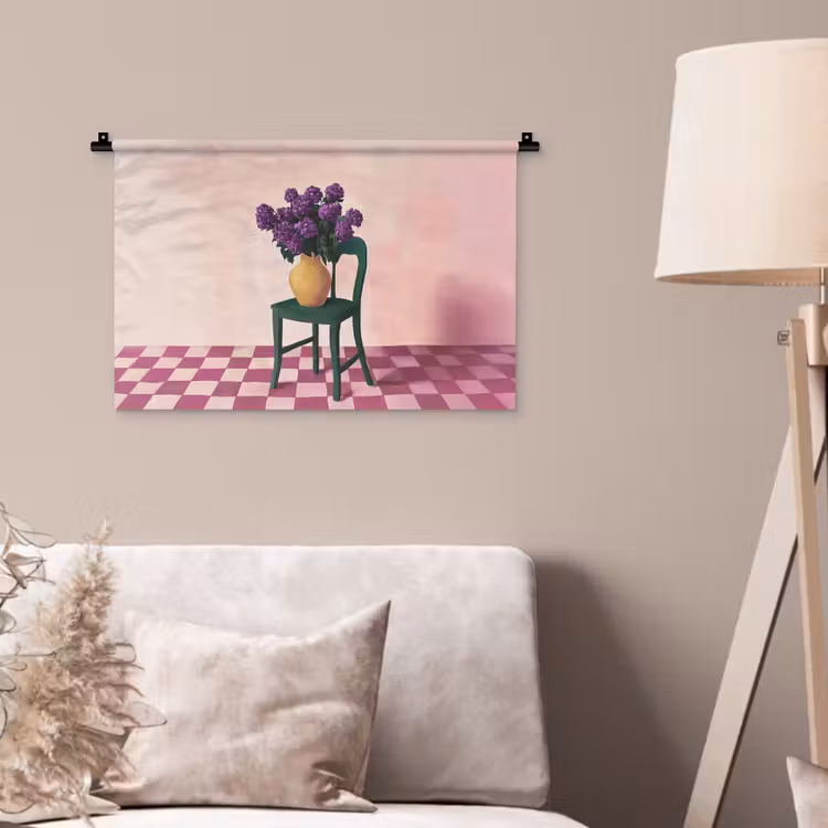 Stoel - Vaas - Bloemen - Geblokt Wandkleed katoen klein -sfeer4