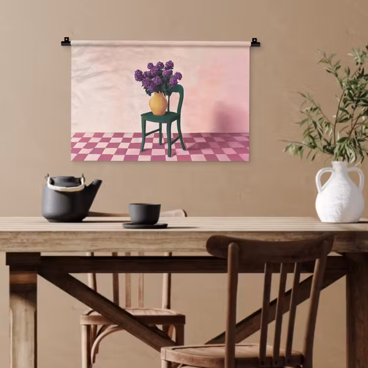Stoel - Vaas - Bloemen - Geblokt Wandkleed katoen klein -sfeer6