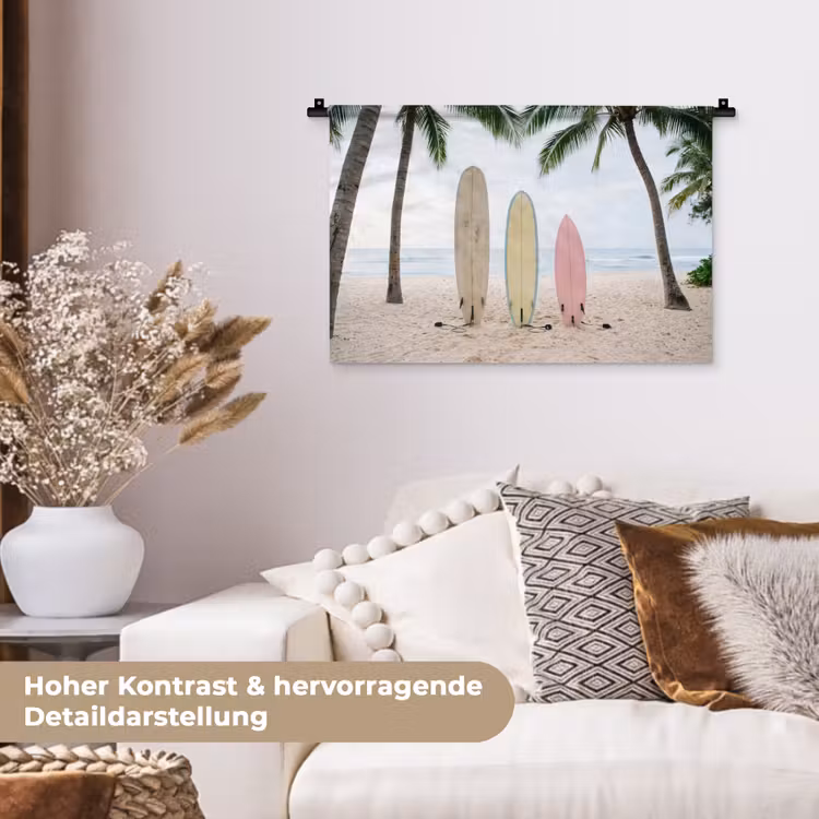 Surfboard - Palmbomen - Kleurrijk Wandkleed katoen klein -tsfeer1_DE