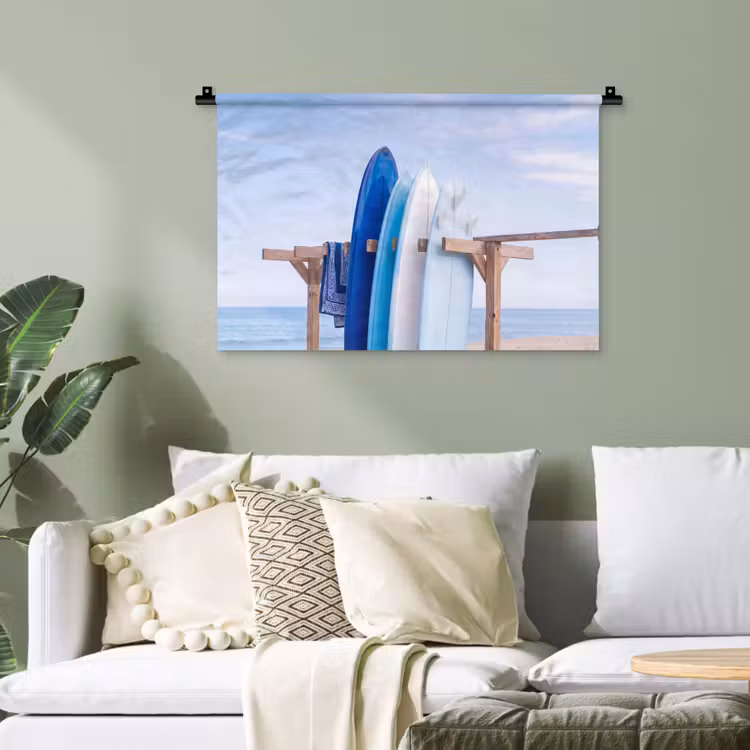 Surfplank - Strand - Zomer - Blauw - Water Wandkleed katoen klein -sfeer7