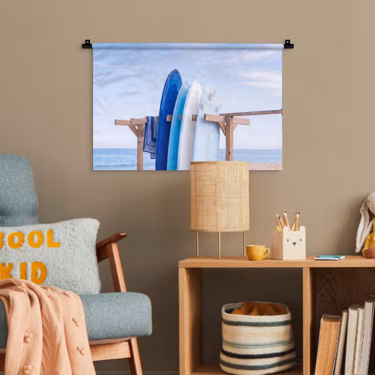 Surfplank - Strand - Zomer - Blauw - Water Wandkleed katoen klein -wsfeer4_kind
