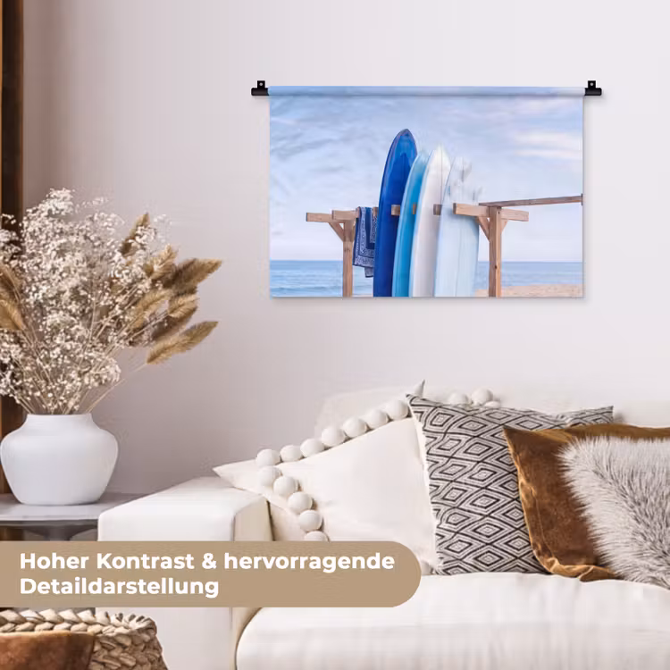 Surfplank - Strand - Zomer - Blauw - Water Wandkleed katoen klein -tsfeer1_DE