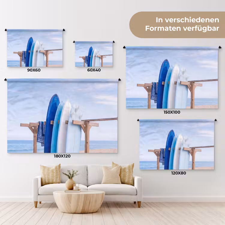 Surfplank - Strand - Zomer - Blauw - Water Wandkleed katoen klein -tsfeer8_DE