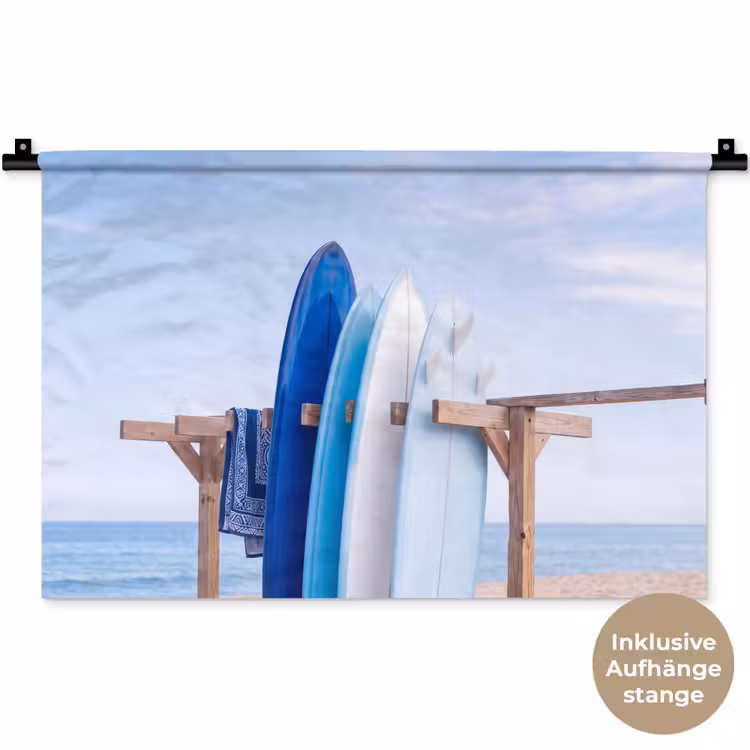 Surfplank - Strand - Zomer - Blauw - Water Wandkleed katoen klein -t3d_DE