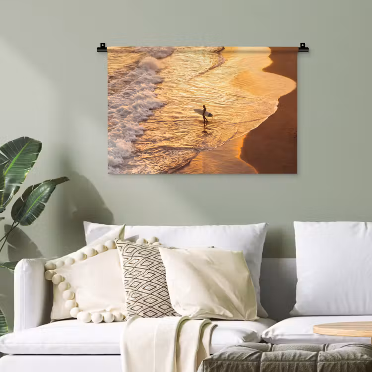 Surfer - Strand - Zonsondergang - Oceaan - Goud Wandkleed katoen klein -sfeer7