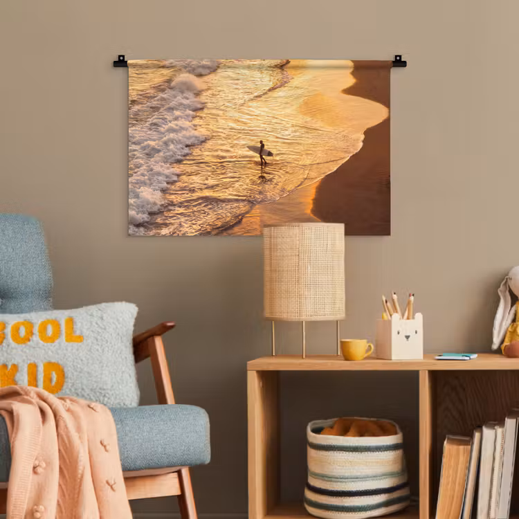 Surfer - Strand - Zonsondergang - Oceaan - Goud Wandkleed katoen klein -wsfeer4_kind