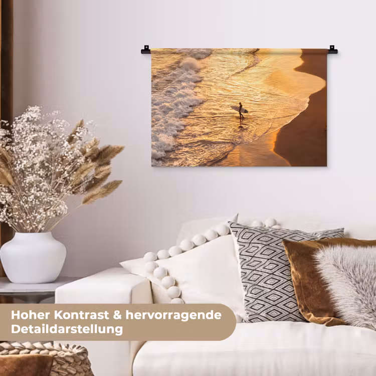 Surfer - Strand - Zonsondergang - Oceaan - Goud Wandkleed katoen klein -tsfeer1_DE