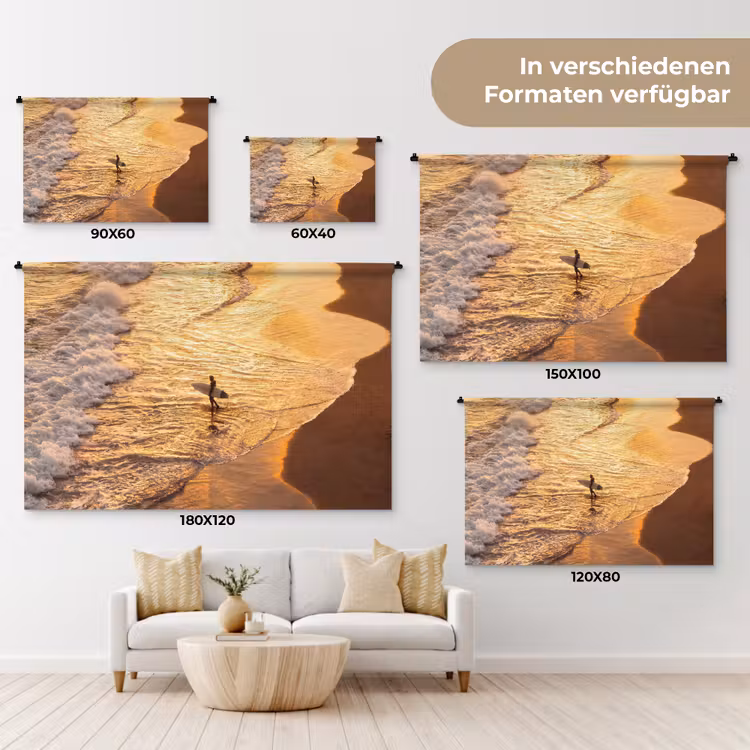 Surfer - Strand - Zonsondergang - Oceaan - Goud Wandkleed katoen klein -tsfeer8_DE