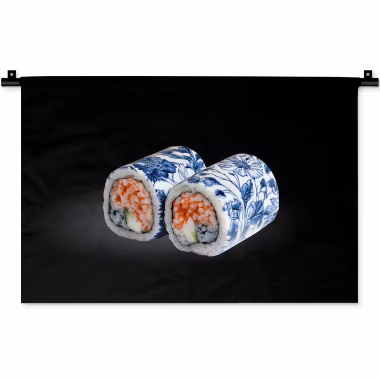 Sushi - Delfts blauw - Rijst - Vis - Elegant Wandkleed katoen klein -zz3d