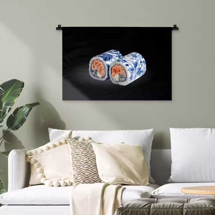 Sushi - Delfts blauw - Rijst - Vis - Elegant Wandkleed katoen klein -sfeer7