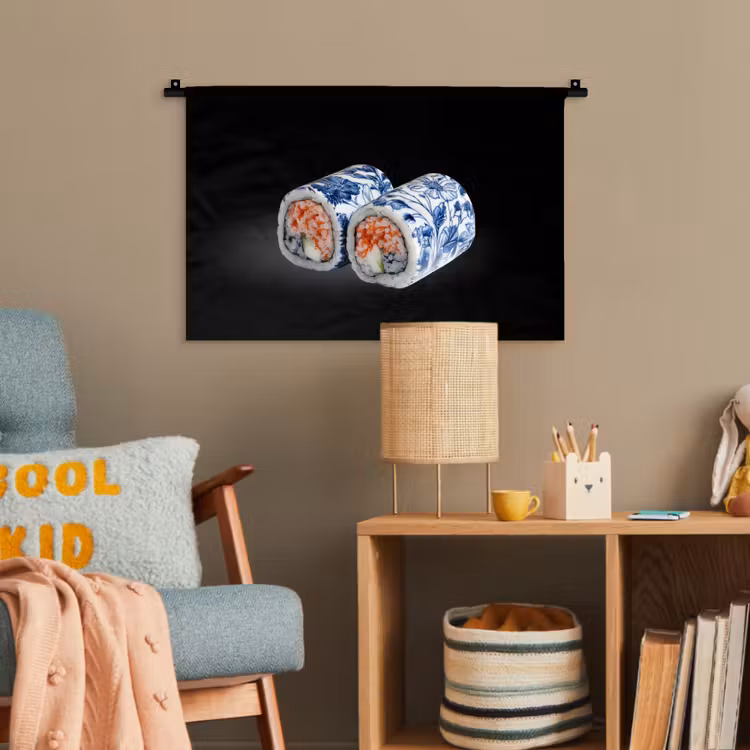 Sushi - Delfts blauw - Rijst - Vis - Elegant Wandkleed katoen klein -wsfeer4_kind