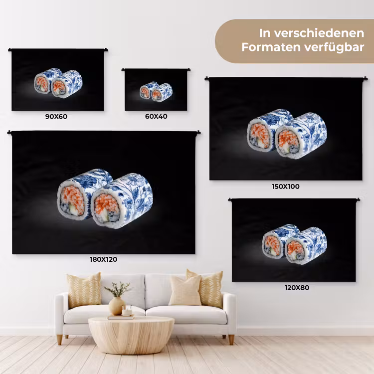 Sushi - Delfts blauw - Rijst - Vis - Elegant Wandkleed katoen klein -tsfeer8_DE