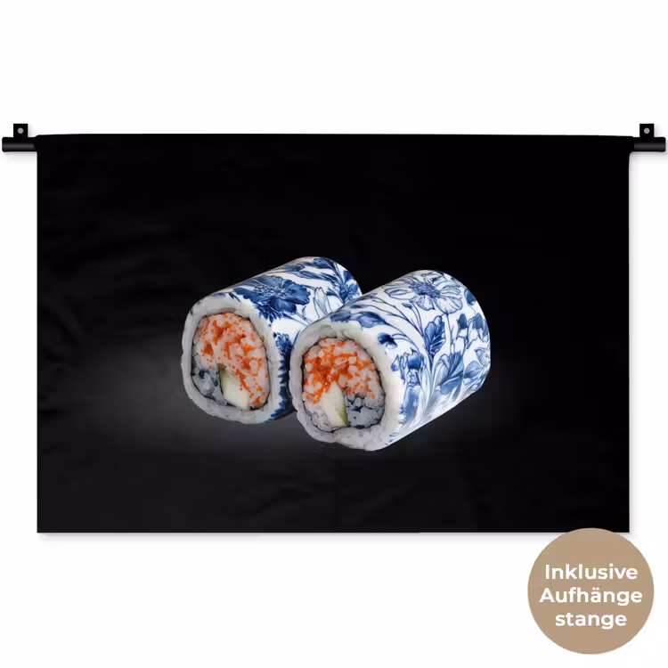 Sushi - Delfts blauw - Rijst - Vis - Elegant Wandkleed katoen klein -t3d_DE