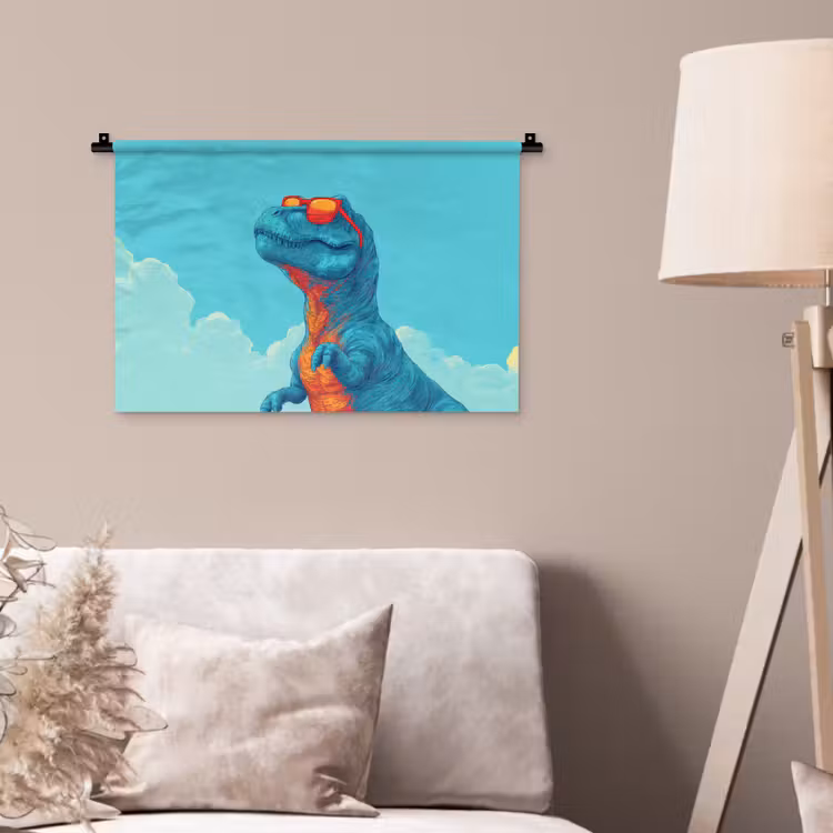T-Rex - Blauw - Wolken - Zonnebril Wandkleed katoen klein -sfeer4