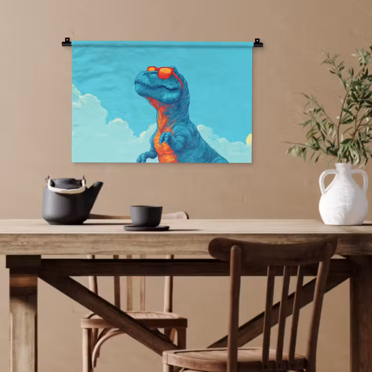 T-Rex - Blauw - Wolken - Zonnebril Wandkleed katoen klein -sfeer6