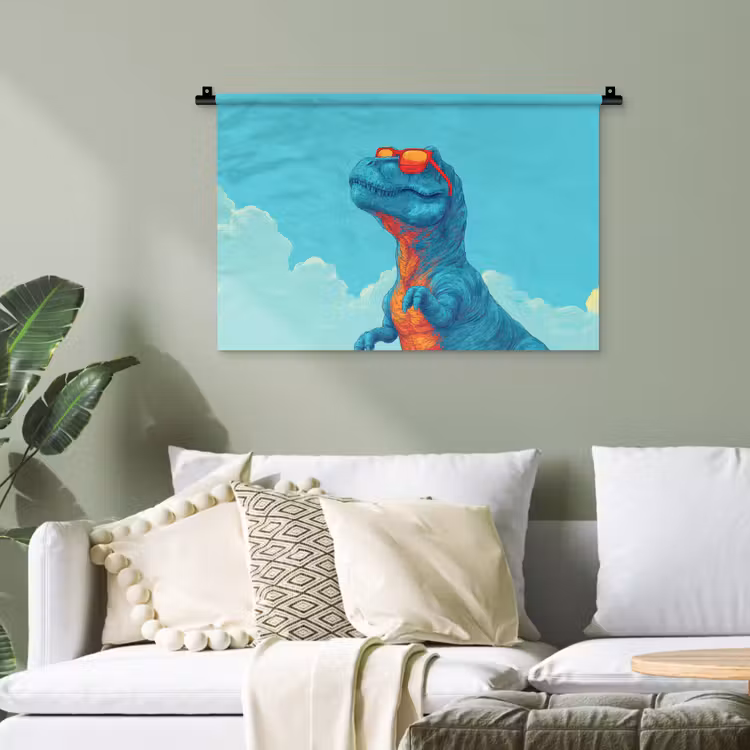 T-Rex - Blauw - Wolken - Zonnebril Wandkleed katoen klein -sfeer7