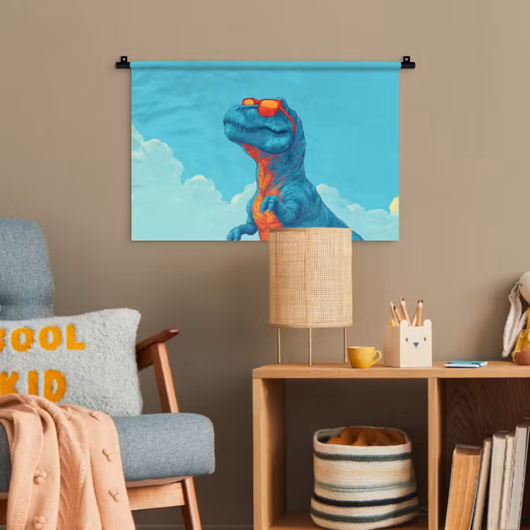 T-Rex - Blauw - Wolken - Zonnebril Wandkleed katoen klein -wsfeer4_kind