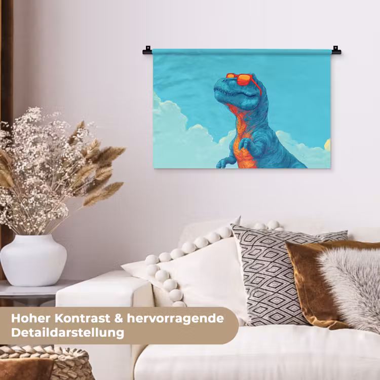 T-Rex - Blauw - Wolken - Zonnebril Wandkleed katoen klein -tsfeer1_DE