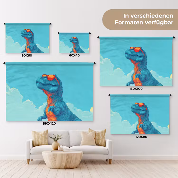 T-Rex - Blauw - Wolken - Zonnebril Wandkleed katoen klein -tsfeer8_DE